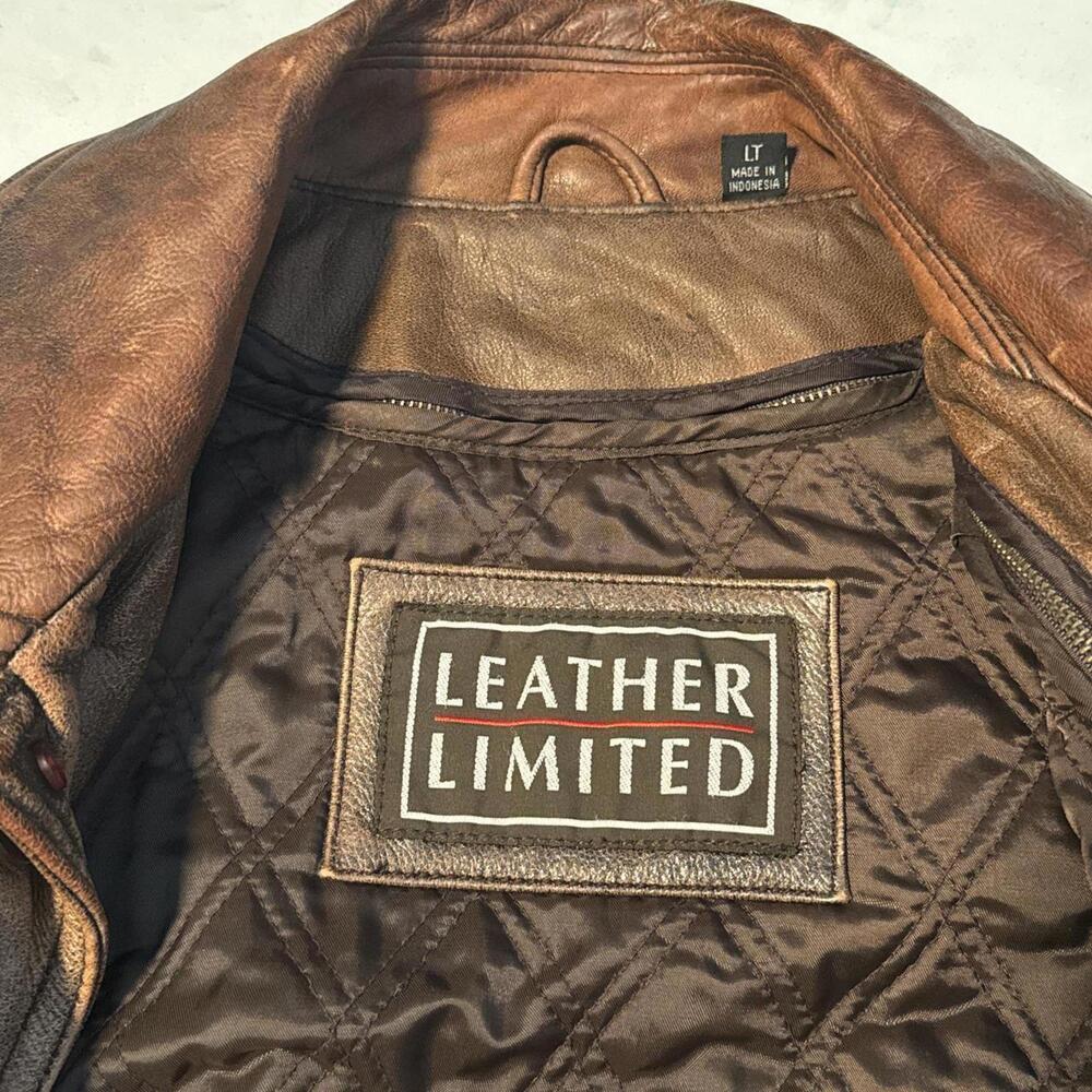 VINTAGE Distressed Earth Tone Leather Car Coat - Y2K Leather Limited Size LT - Picture 6 of 8